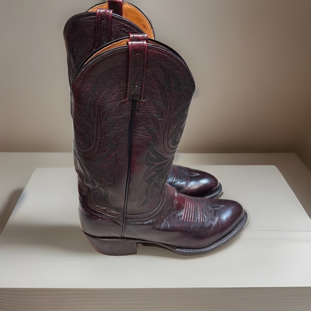 Lucchese Western Boots Size 10D Cowboy Black Cherry Leather round Toe